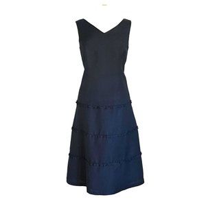 Talbots Black Linen Midi Dress Womens Sz 12 Classic Vneck Sheath Ruffle Trim LBD